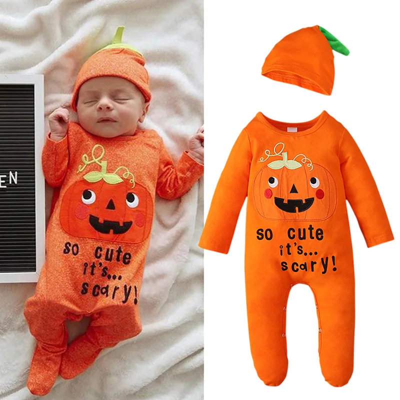 

2Piece Spring Autumn Newborn Baby Boy Clothes Set Halloween Pumpkin Cartoon Cute Letter Rompers+Hat Girls Boutique Outfits BC256