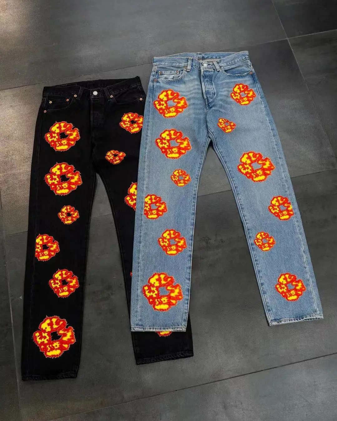 

Women's Flowers Printed Denim Jeans High Waist Monochromatic Harem Trousers Vintage Casual Straight Pant Streetwear Trousers