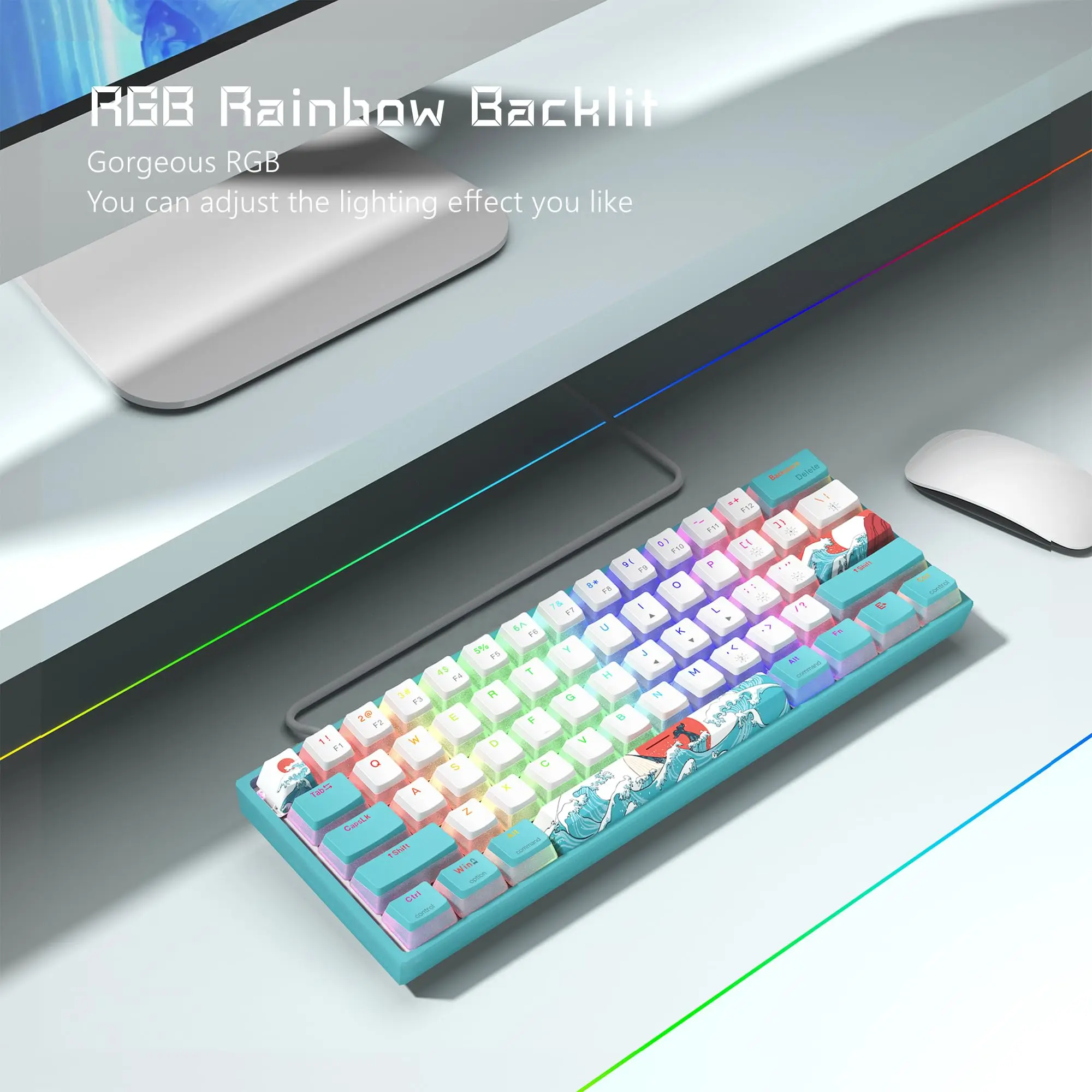Teclado Gaming Wk61 Rgb Wired Hot-swappable Blue Sea Theme Pbt Keycaps para Windows pc Gamers Wk61-mechanical - Imagem 5