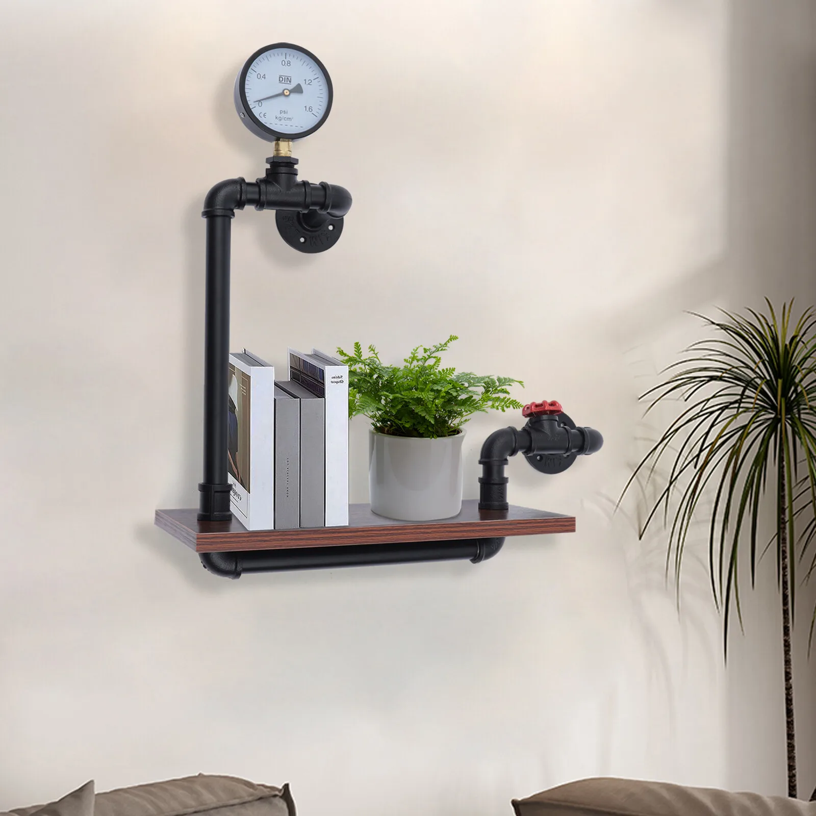 Industrielles Wandregal mit Wasserzähler-Design, Stahl und Holz, 25 kg Tragfähigkeit für Wohnzimmer, Küche, Büro – Detail 8