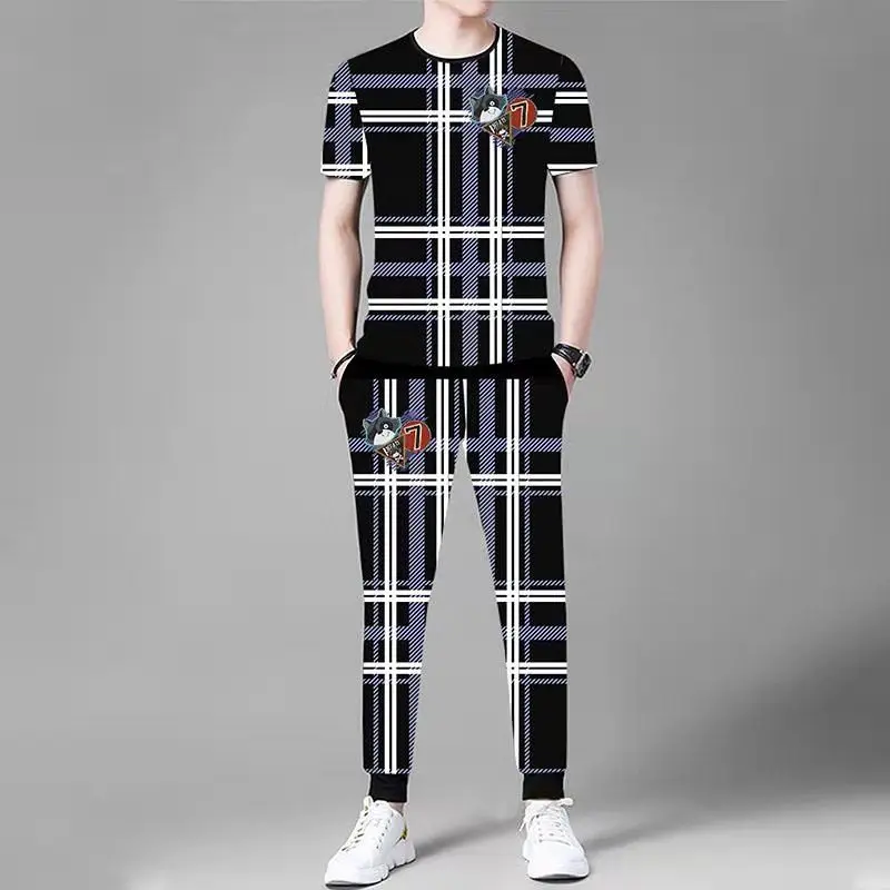 thumbnail image 1 of Conjuntos de pantalones superiores para hombre, camiseta de corte regular, ropa de manga corta para hombre, chándal ajustado de algodón de alta calidad, trajes deportivos holgados, 1 of 5
