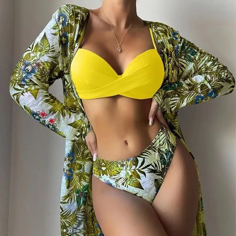 

Sexy Swimsuit Split Bikini Three-Piece Set Flat Angle High Waist Long Sleeve Cover Ups Beach Wear Bathing Suit Tankini Swimwear