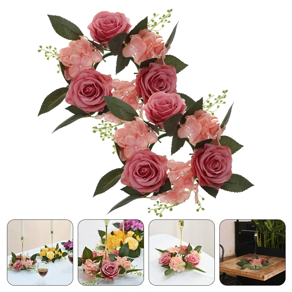 

2 Pcs Artificial Candlestick Garland Ring Party Decor Wreath Ornament Taper Flower Table Rings Cloth Decorative for Adorn