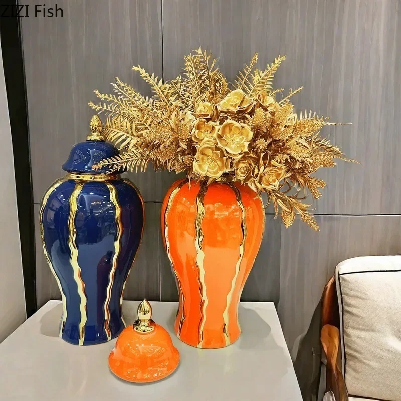Gold-plated Stripes General Tank Porcelain Ginger Jar Creative Vase Flowers Arrangement Dresser Table Jewelry Cosmetic Container 5