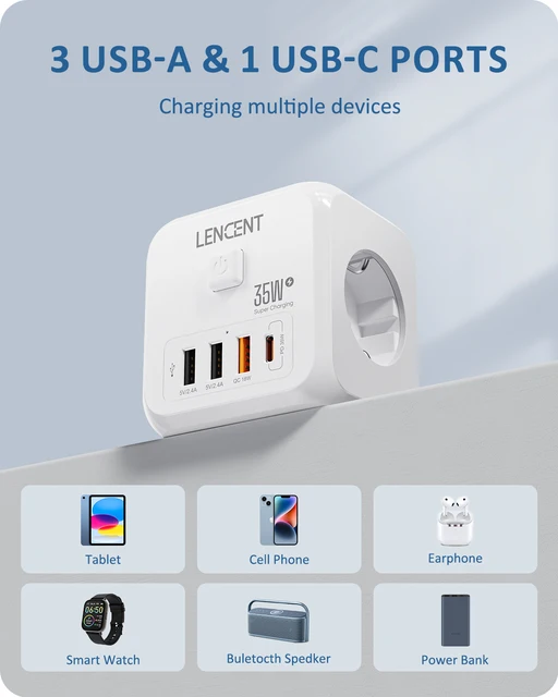 LENCENT – multiprise ue avec 3 prises ca, 3 Ports de chargement USB et 1  adaptateur Type C 5V 2,4 a, 7 en 1, interrupteur marche/arrêt