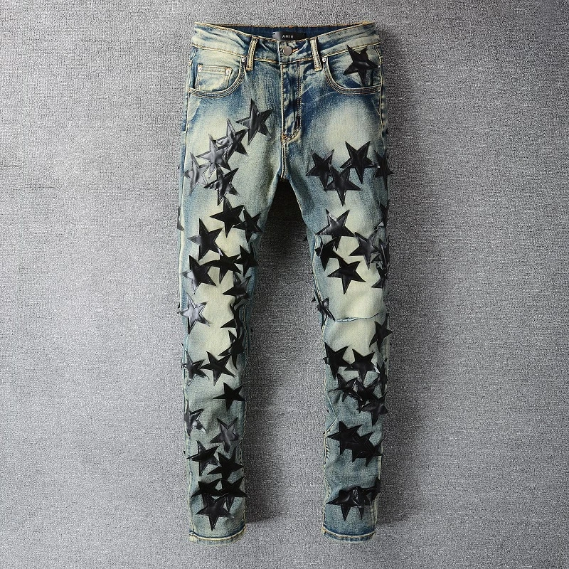 

High Quality Brand Jeans Male Black Star Leather Patchwork Jeans Hole Repair Streetwear Jean Homme Ripped Jean Men Motorcy
