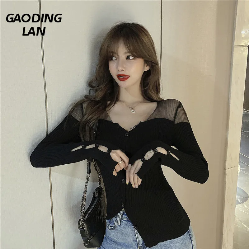 

Gaodinglan Transparent V-neck Long Sleeve Women Tops Autumn Winter Mesh Stitching Knit T-shirts Female Slim Fit Sexy Bottom Tess