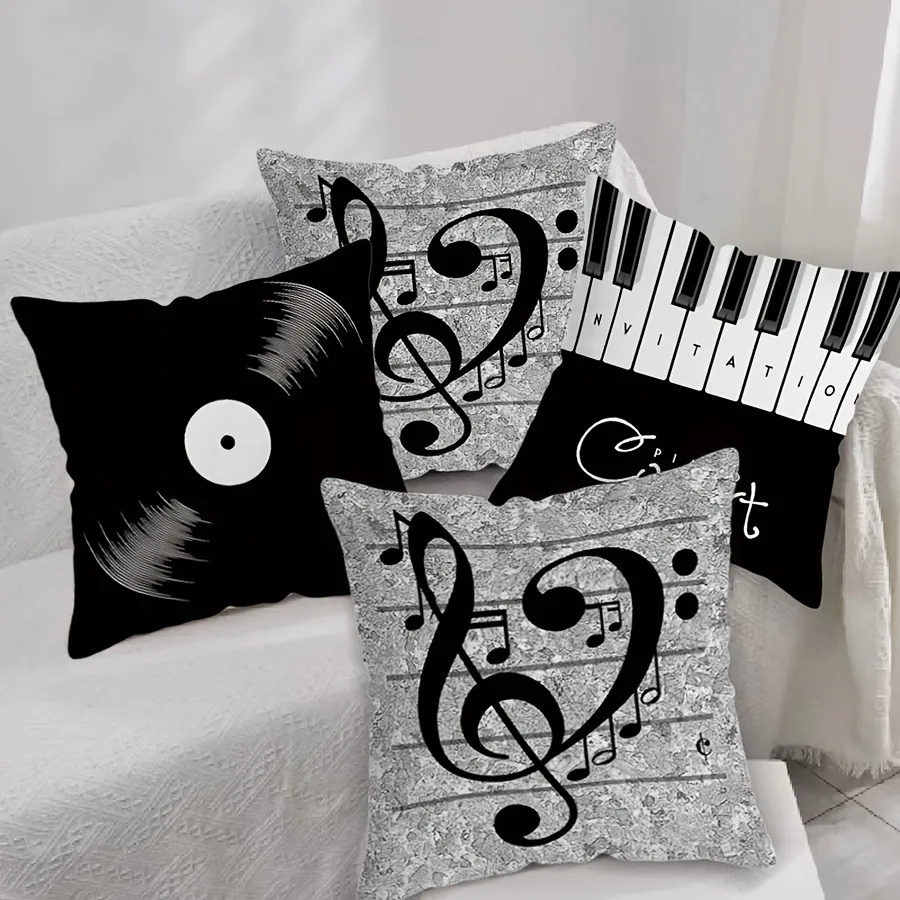 Music themed pillowcase with piano, notes and CD designSuitable for sofa car bedroom decorative cushion cover pillow cover