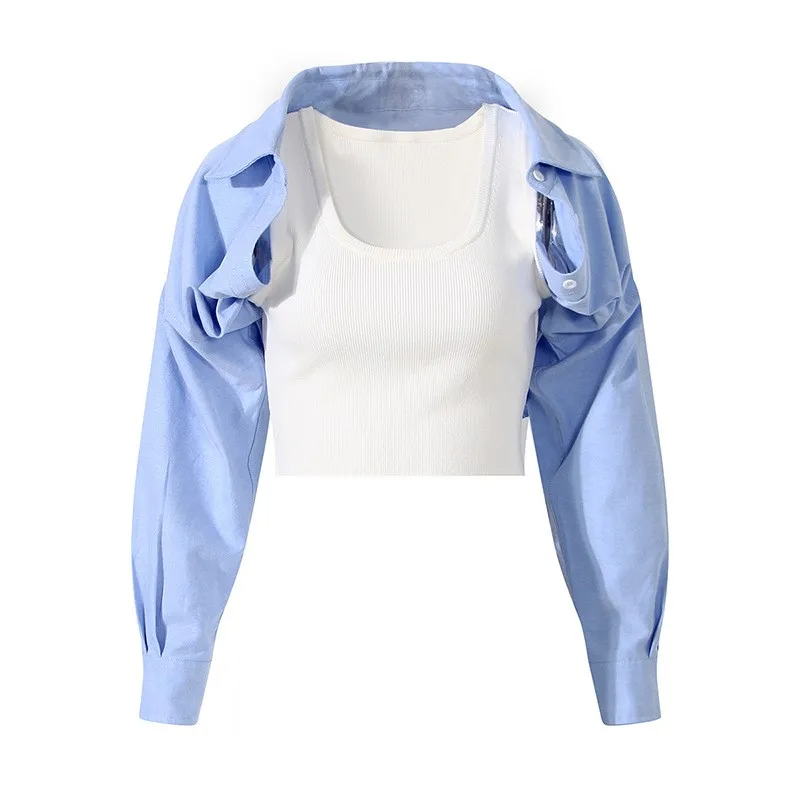 

Women Shaped Irregular Splicing Shirt Fake Two Pieces Knitted Vest Cropped Hot Chick Sexy Streetwear Office Lady Solid Clothes