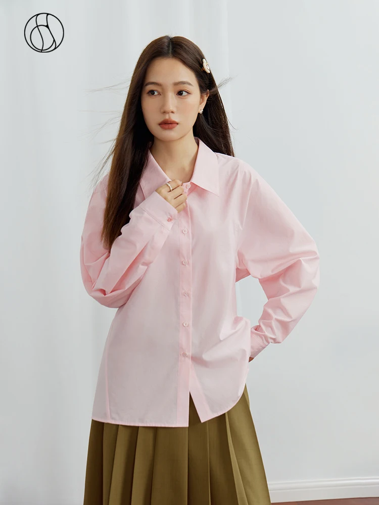 DUSHU Cotton Women Autumn Pink Straight Blouses Polo Neck Long Sleeve Casual Shirts Button Design Adjustable Waist Female Shirt