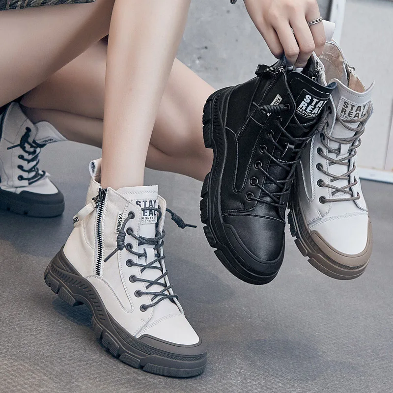 

Women Sneakers Side Zipper high heel sneakers women Vulcanized Shoes Ladies Genuine Leather Casual Sports Thick Sole Skate Shoe