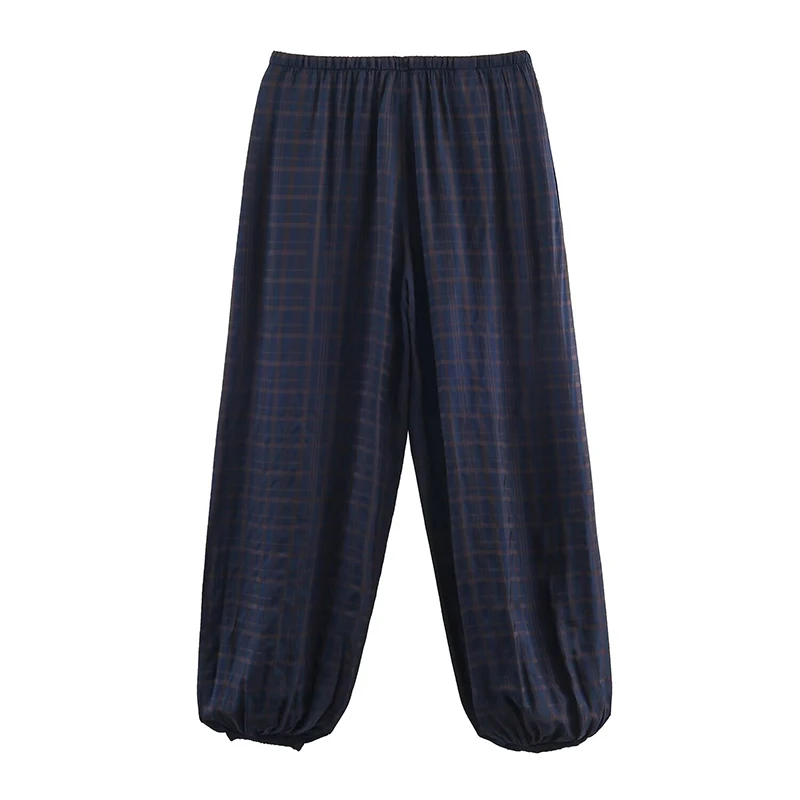 Women Autumn New Ramie Bloomers Plaid Printed Loose Pants Female Fashion Versatile Drawstring Streetwear Casual Trousers