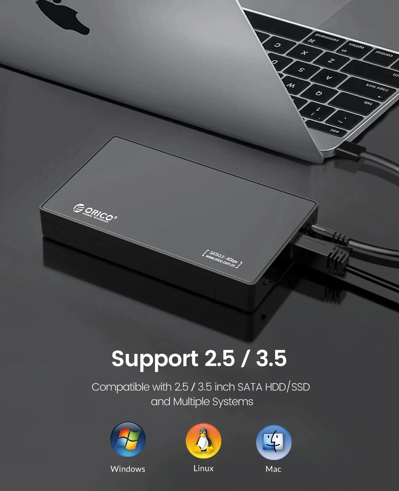 ORICO 2.5/3.5인치 외장 하드 드라이브 인클로저 SATA to USB 3.0 Type-C HDD 케이스(12V/2A 전원 어댑터 포함) UASP 도구 지원 무료