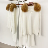 Reality Fur Jacket Pullover Set Woman Spring Knitted Suit Knitwear Female Real Fox Fur Collar Sweater Lady Autumn Knitted New - Image 4