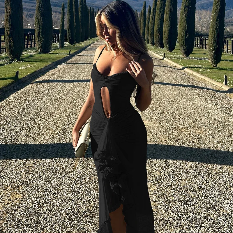 Sexy Hollow Suspender Maxi Dress For Women Mesh Lace Patchwork Irregular Solid Sleeveless Slim Spaghetti Strap Dress Woman