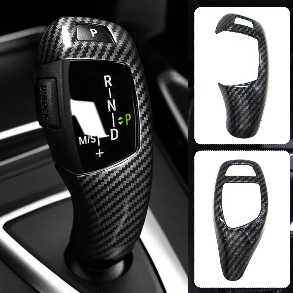 Carbon Fiber Texture Car Gear Shift Panel Frame and Knob Cover Trim