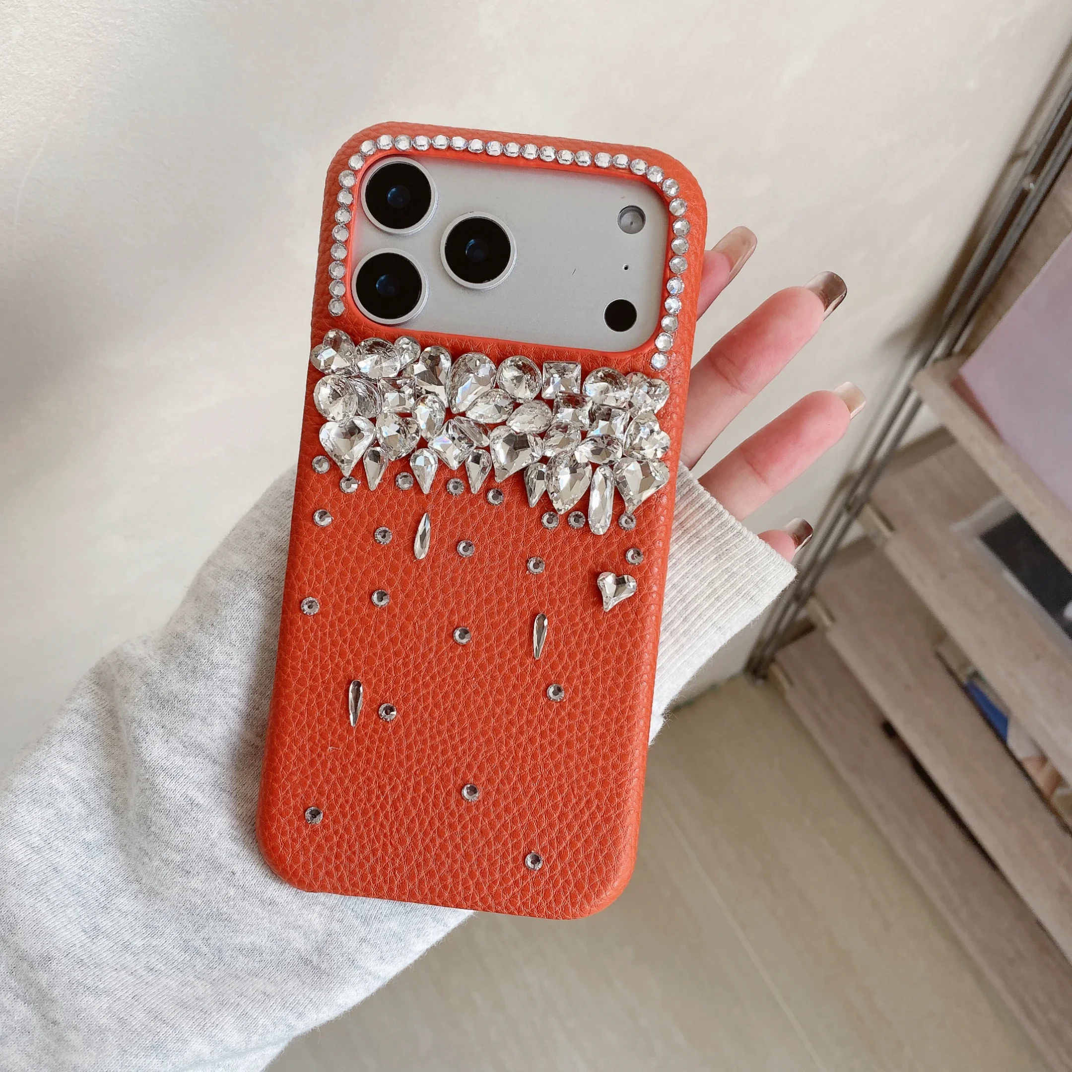 Luxury Orange Leather Glitter Diamond Phone Case with Rhinestone Accents