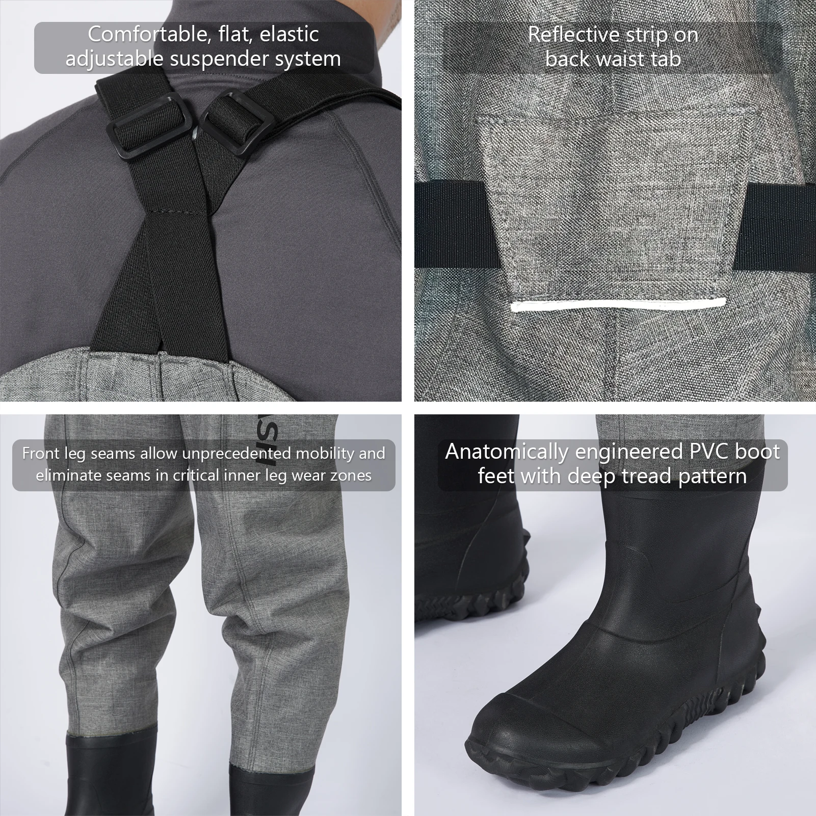 Bassdash Men Boot Foot Waders Ultra High Strength Gray Plaid Fishing Hunting Chest Waders Long Trousers With Boots