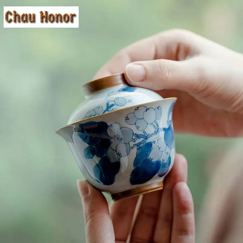 120ml Pure Hand-painted Loquat Ceramic Tea Tureen Retro Blue Sancai Cover Bowl Tea Bowl With Cover Kung Fu Tea Set Tea Ceremony