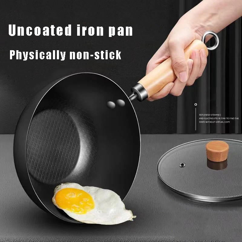 Non-Stick Iron Pan Frying Pan with lid Uncoated Gas Stove Induction Cooker Universal Saucepan Cookware set Handmade Wok Pan