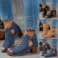 Sandales d'été élégantes pour femmes, talons épais compensés, talons hauts épais, bout ouvert, croix creuse, chaussures polyvalentes de mariage 3