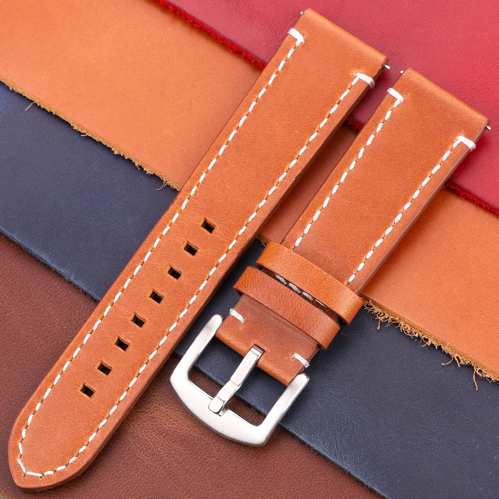 Vintage Genuine Leather Watch Band with Quick Release - Handmade Oil Wax Discoloration Casual Strap