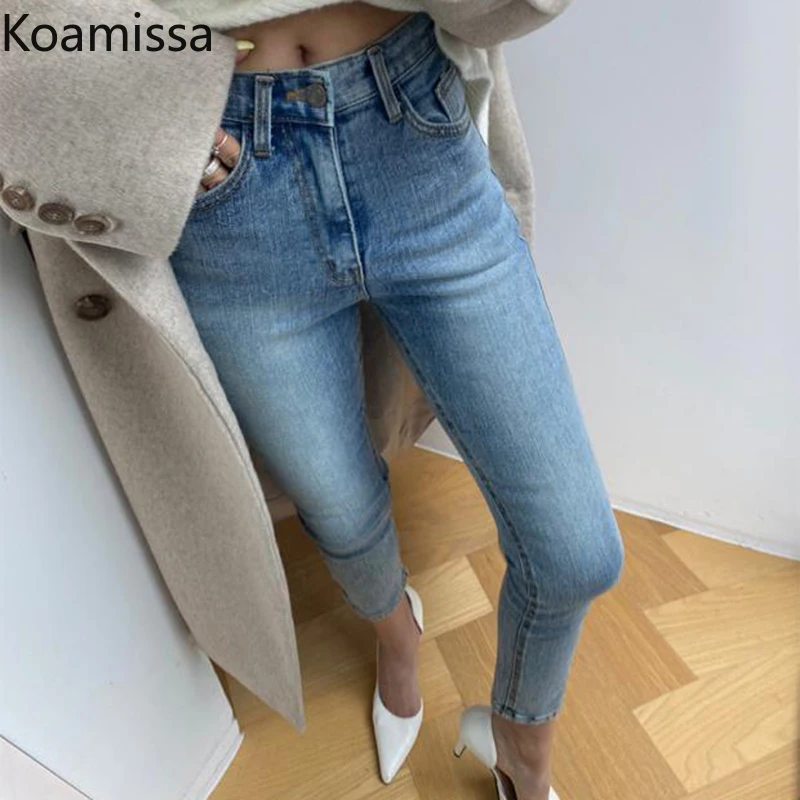 Koamissa Washed Women Jeans Spring Autumn 2022 Fashion Solid High Waist Denim Trousers Ankle Length Vintage Retro Jeans Pantalon