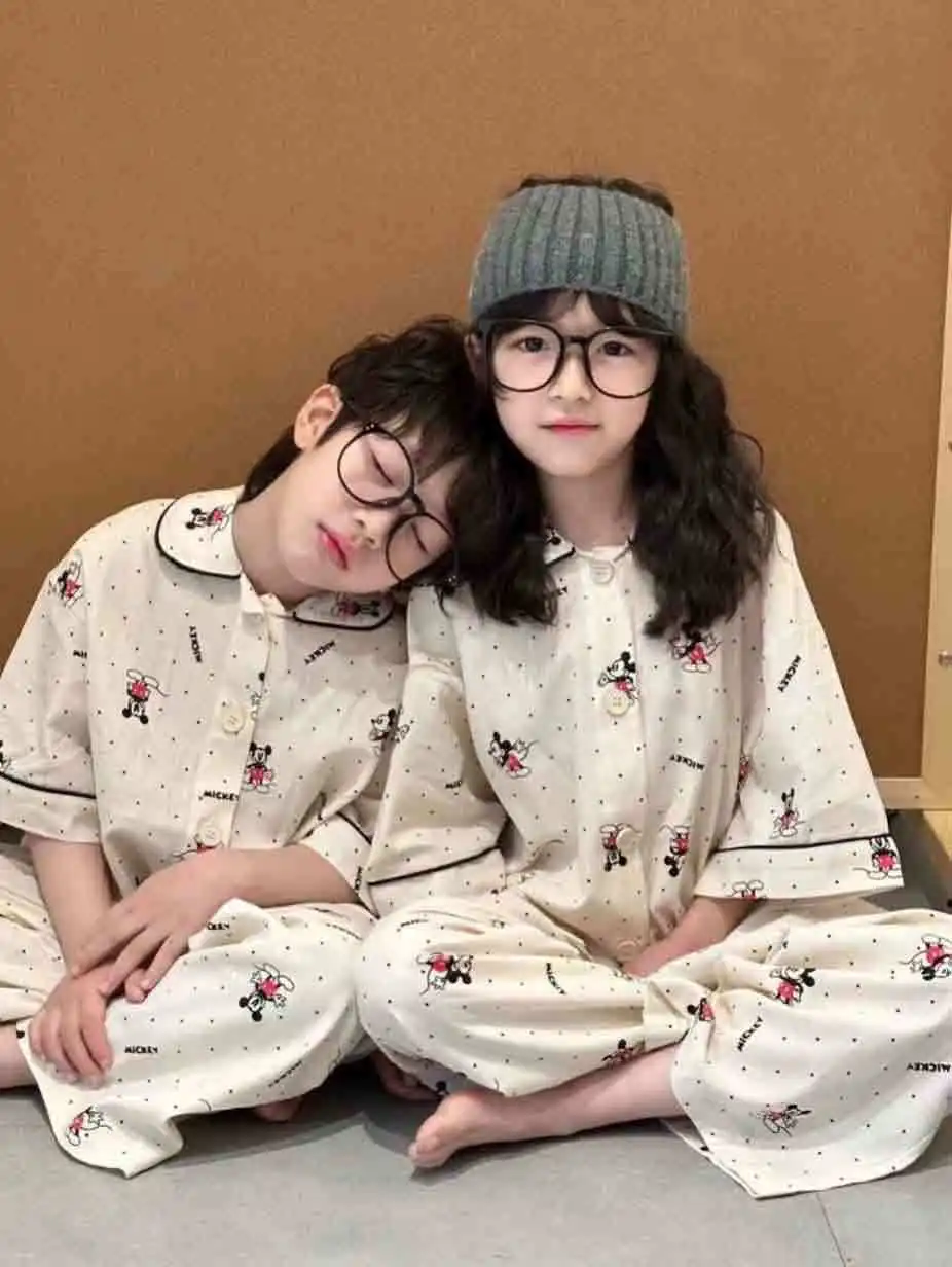 미키 신상 아동 파자마 세트 한국 캐주얼 남아 여아 반팔 가디건 상의 바지 세트 라운지웨어 키즈 프린트 잠옷
