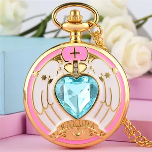 Fashion Anime Cosplay Theme Watches Heart Shaped Crystal Women's Quartz Pocket Watch Sweater Necklace Chain Timepiece Gift