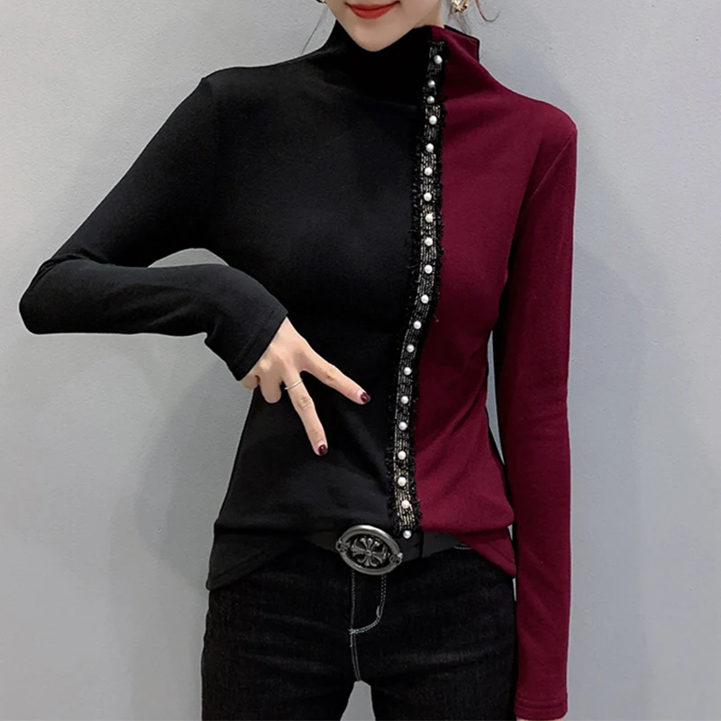 

Fall Winter European Clothes Color Blocking T-Shirt Chic Sexy Mock Neck Shiny Beading Women Tops Long Sleeve New Warm Tees 2075