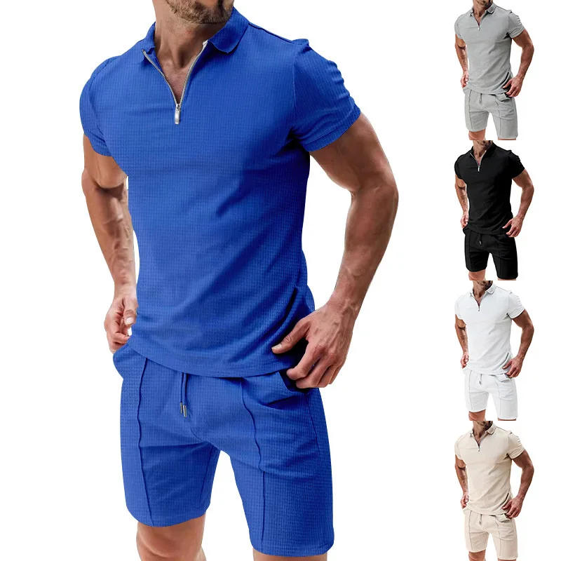 Cross border summer men's polo shirt set solid color waffle short sleeve slim lapel t-shirt casual men's set