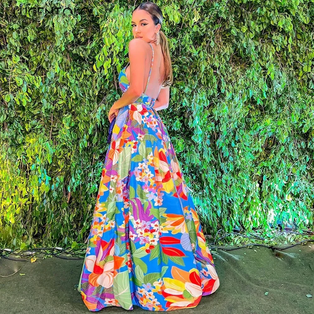 

Women Vacation Print Dress Off Shoulder Big Swing Sling Sexy Backless Summer Lady High Waist Sleeveless Long Dress