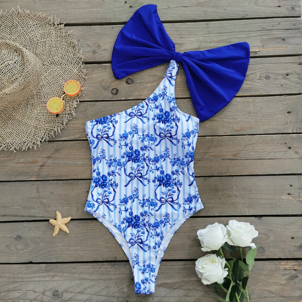 Women Sport Swimsuits Print Floral One Piece Swimsuit Women Padded Swimwear Bandage Cut Out Mnokini Bathing Suit Swimwear