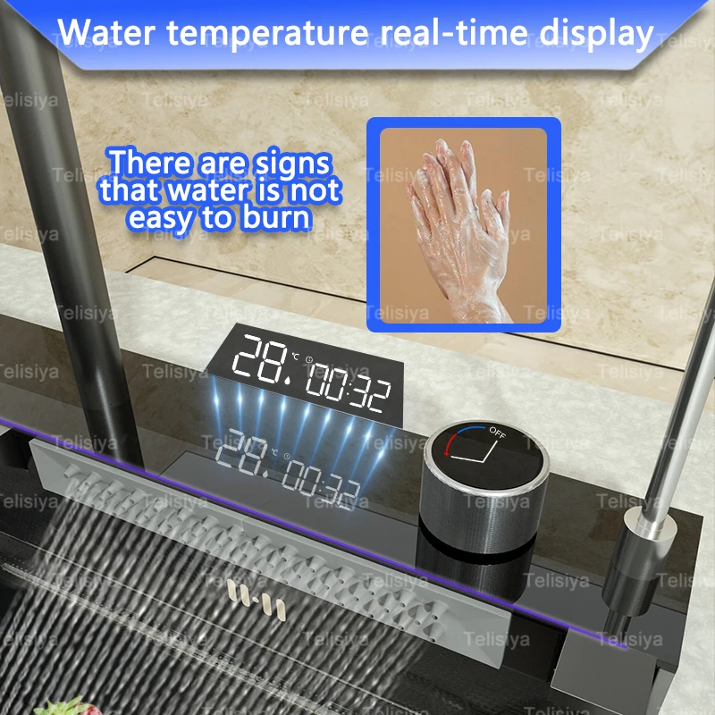 Stainless Steel Kitchen Sink with Trash Can Embossed Wash Basin with Waterfall Faucet Digital Display Large Single Solt 6