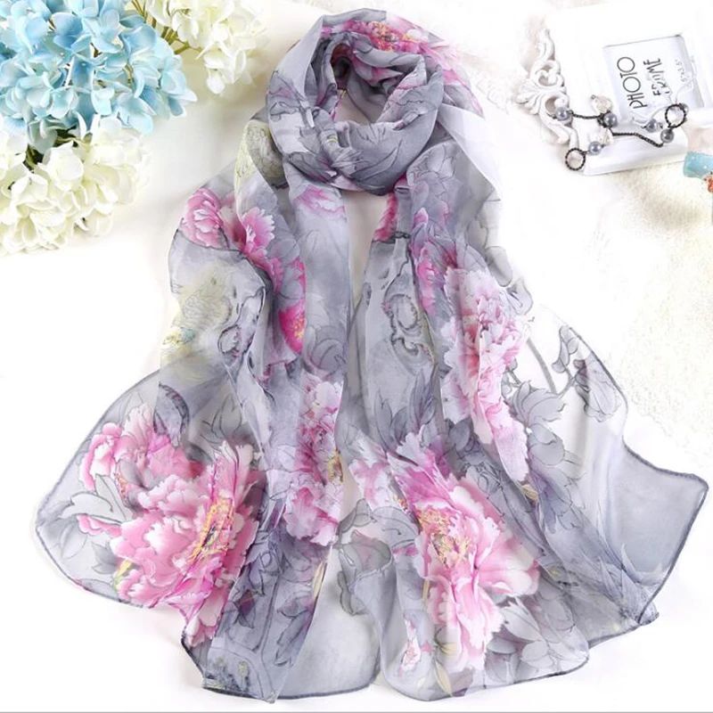 Women Fashion Chiffon Georgette Silk Scarf For Muslim Hijab Peony Flower Bandana Summber Beach Sarong Scarf&Shawl HY30 4