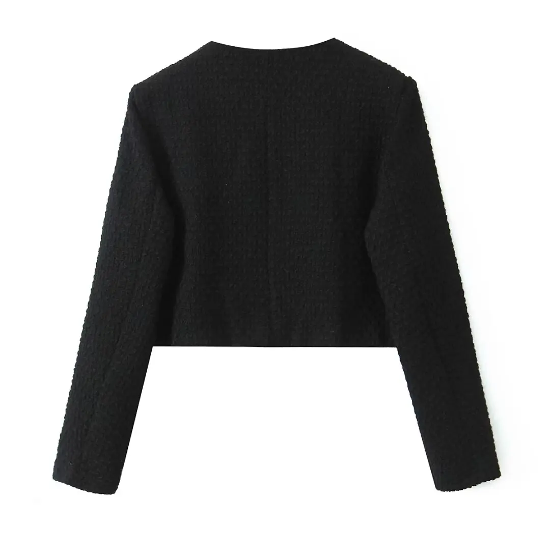 Autumn O neck Soft Woolen Black Tweed Coat Cropped Vintage Women Silver Buttons Full Sleeve Short Blazer Elegant Jacket
