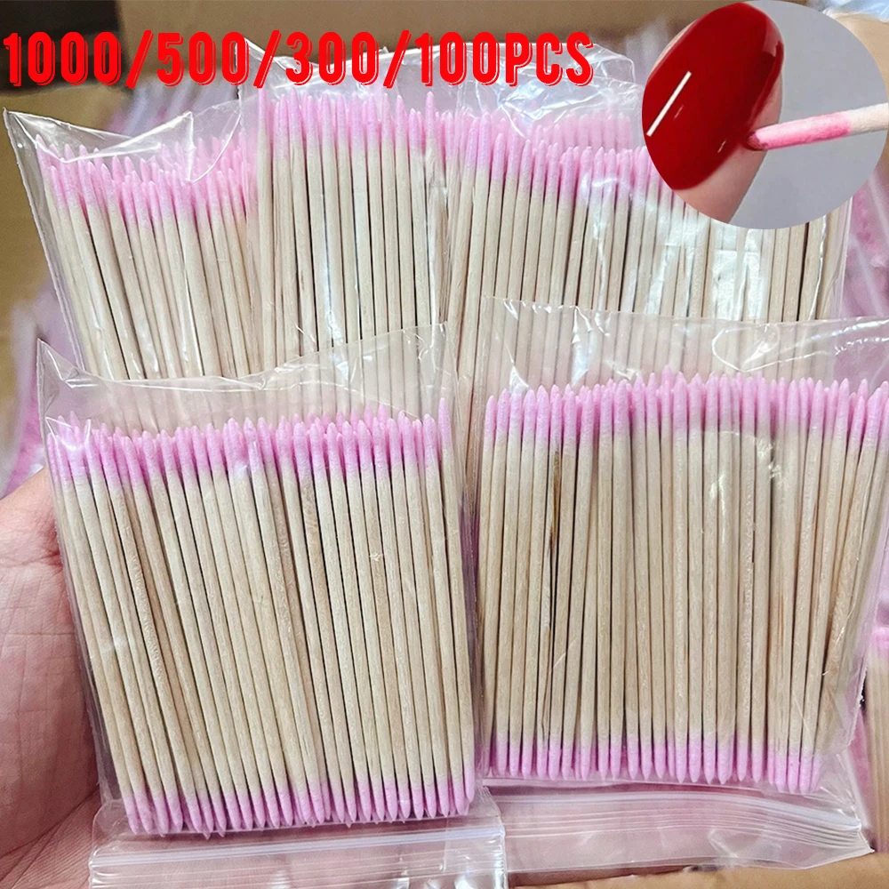 1000/500/300/100Pcs Nails Wood Cotton Swab Clean Sticks Disposable 7cm Double-end Manicure Detail Corrector Nail Polish Remover