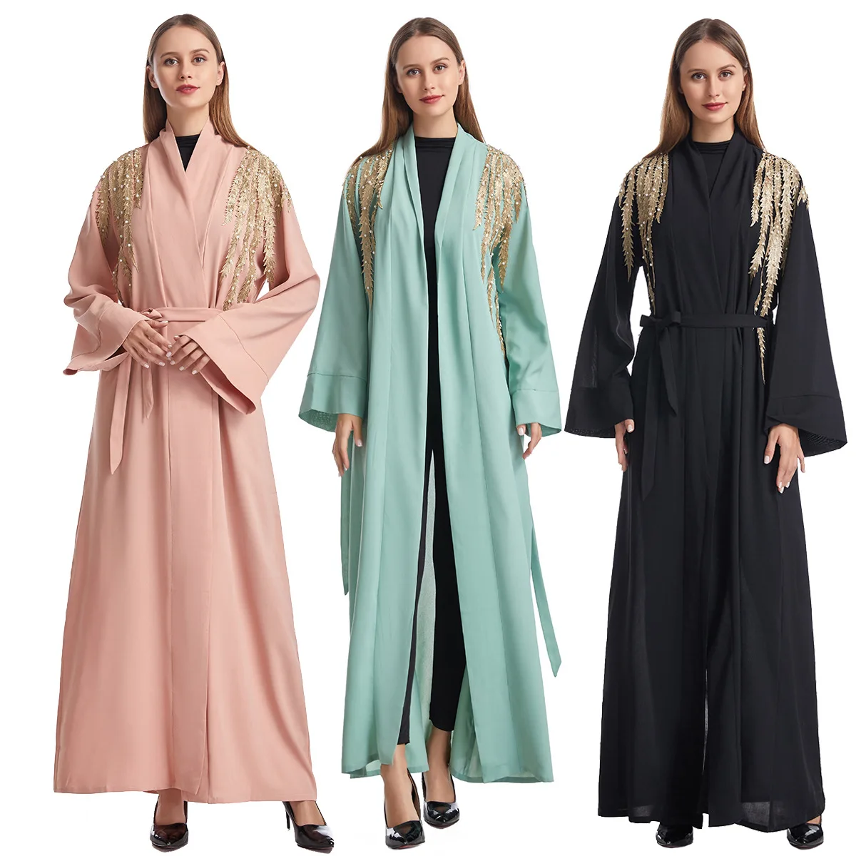 

Women Eid Muslim Abaya Cardigan Arab Dubai Embroidery Kaftan Islam Long Robe Morocco Ramadan Gorgeous Belt Appliques Abayas