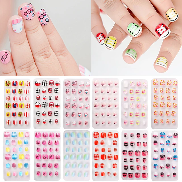 24 Pièces Faux Ongles Enfants Enfants Manucure Presse Sur Couverture R