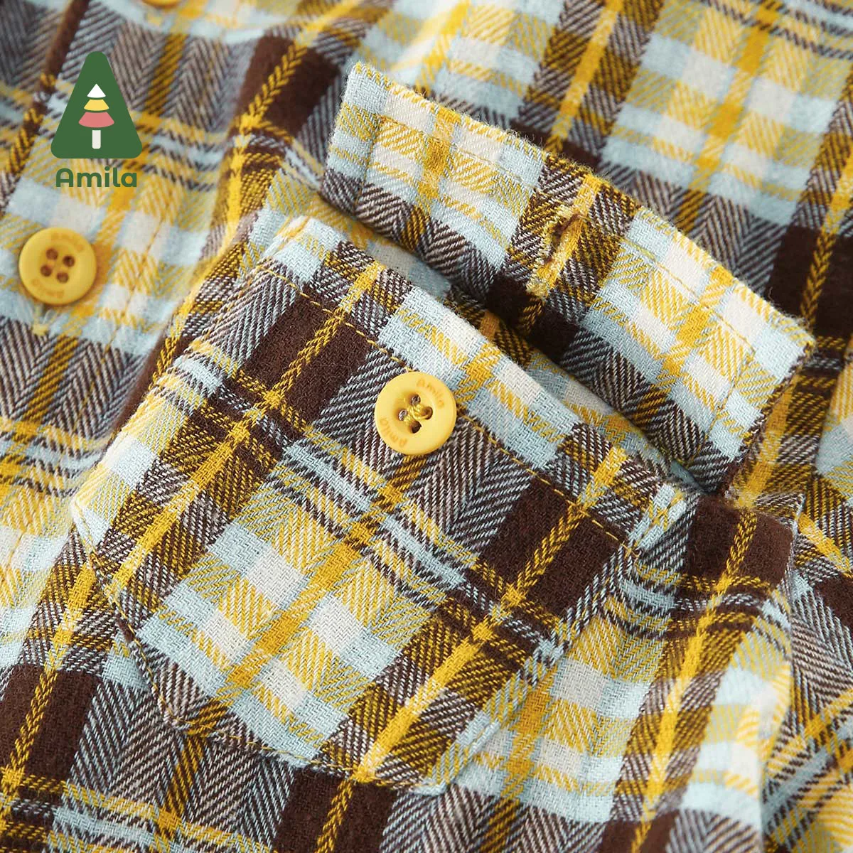 Amila Baby Boys Autumn New Fake Two Lrregular Pocket Design Theme Printing Frosted Plaid Shirt Warm Fashion Sleeve Children