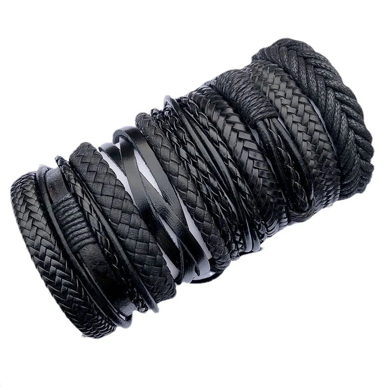 Set of 10 Unisex Handmade Braided Black Leather Bracelets - Minimalist Style