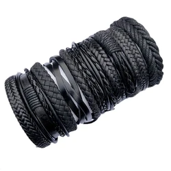 Set of 10 Unisex Handmade Braided Black Leather Bracelets - Minimalist Style (Black)