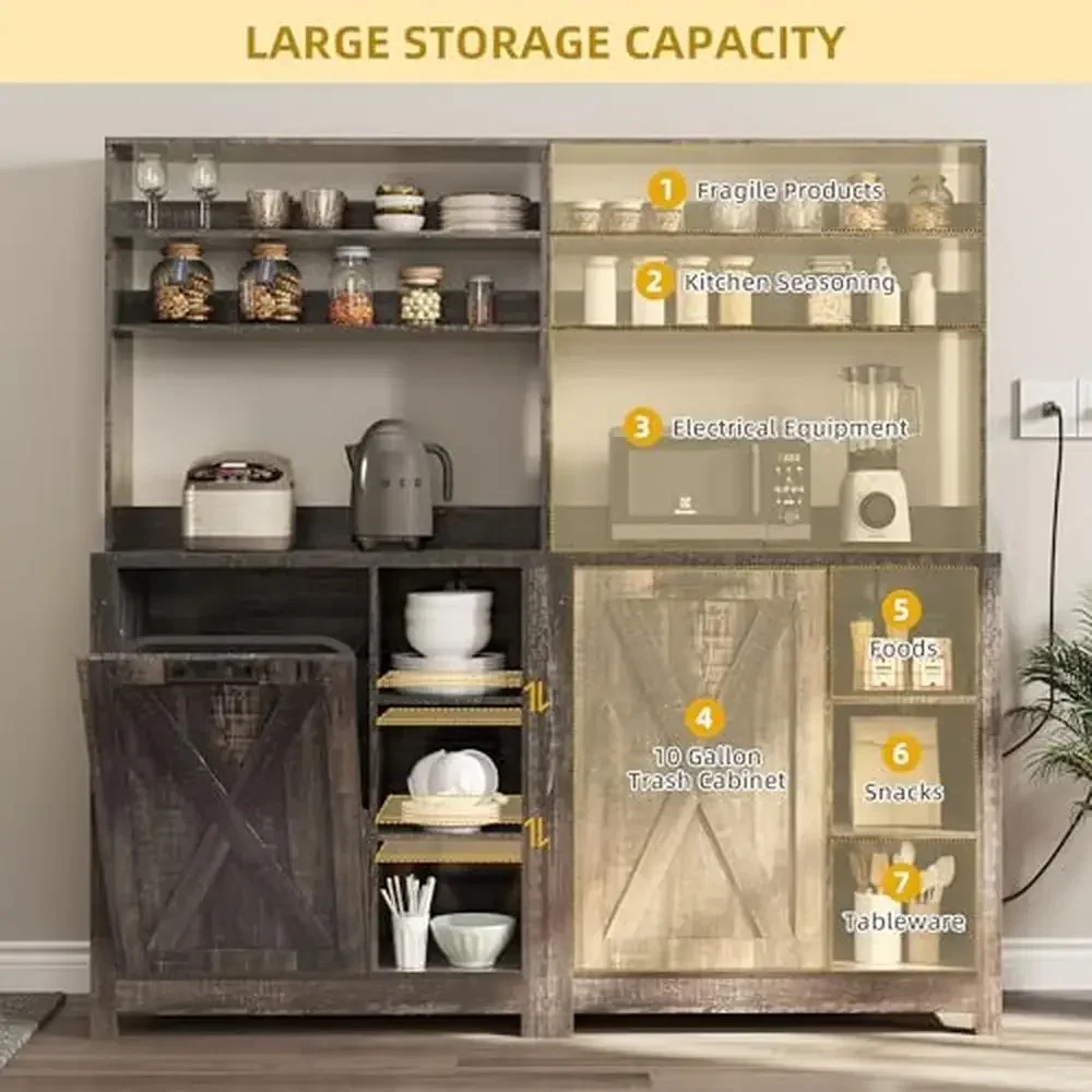 6-Tier Farmhouse Bakers Rack Microwave Stand Cabinet with Power Outlet and Trash Bin Kitchen Tall Coffee Bar Organizer