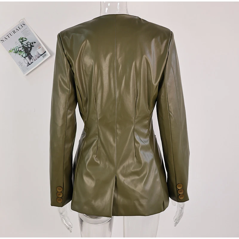 Chaqueta de cuero para mujer, estilo urbano, verde, con pliegues, escote en V, un botón, manga larga, bolsillos, abrigo hasta la cintura, primavera 2025, estilo urbano Y2K.
