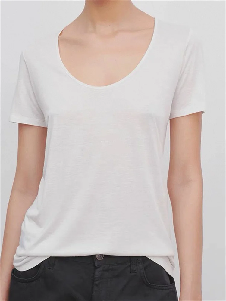 

Женская свободная футболка с коротким рукавом, повседневная Однотонная футболка из 2024 хлопка с U-образным вырезом, Новинка лета 100%