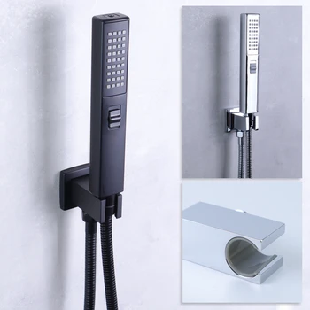 Bathroom Rain Shower Mixer Square Brass Holder ABS Hand Shower 2 Functions Water Flow with Valve SS Hose Black Chrome