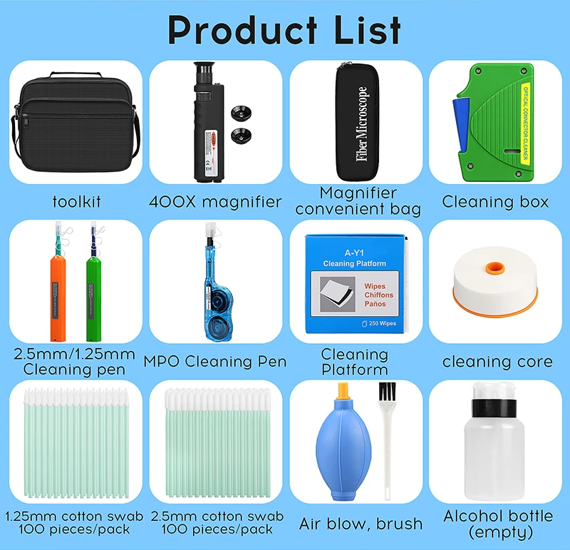Fiber cleaning Tool Kit 400X Fiber Optic Microscope 1.25/2.5mm MPO Cleaning Pen/