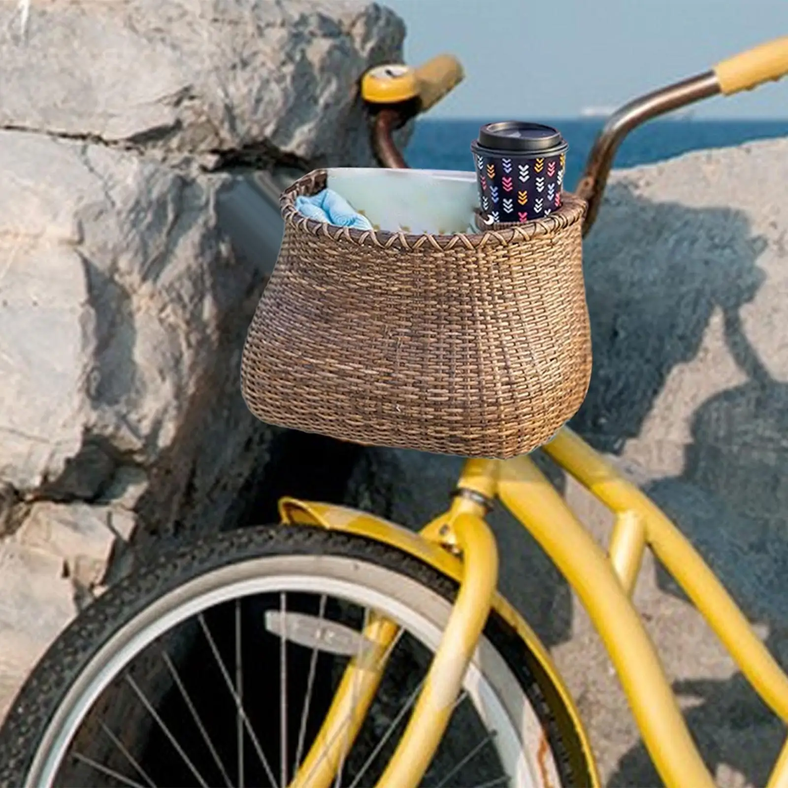 Bike Basket with Coffee Cup Holder Removable Cycling Basket Handlebar Basket Bicycle Front Basket for Cycling Shopping Camping Bike Basket with Coffee Cup Holder Removable Cycling Basket Handlebar Basket Bicycle Front Basket for Cycling Shopping Camping