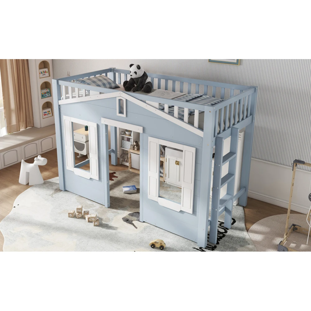 Hochbett, platzsparend unter dem Bett für flexibles Design, schönes Fensterdesign, sichere und stabile Leiter, Kiefernholz, MDF-Sperrholz, 90 x 200 cm – Detail 11