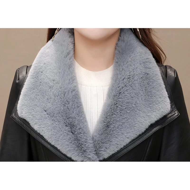 Hot Autumn Winter Women PU Leather Jacket Mid-Long  Thickening Black Jacket Faux Fur-neck Warm Coat Motorcycle Outwear Overcoat